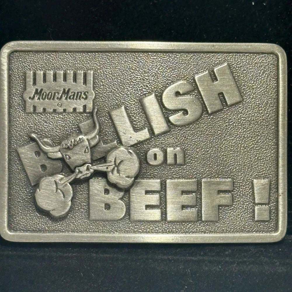 Vintage 1983 Moormans Bullish On Beef Bull Cattle Feed Farm Belt Buckle Iowa